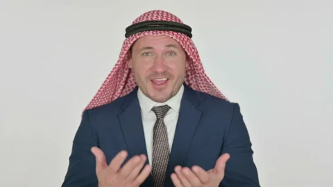 Arab Businessman Talking on Online Video Call, White Background 스톡 동영상 166350792