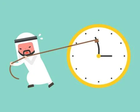 Arab businessman try hard to pull back minute hand anti clockwise by rope Stock Illustration