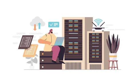 Arab businessman working in data center room hosting server computer monitoring Illustrazione stock