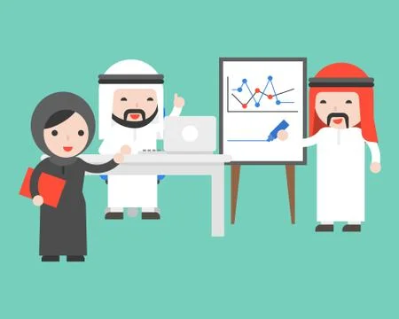 Arab businessman writing graph, using laptop, discuss and conference about co Stock Illustration