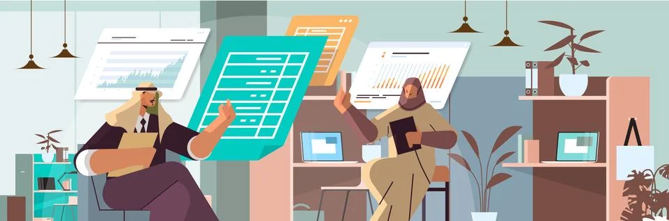Arab businesspeople analyzing statistic data on virtual boards successful 스톡 일러스트