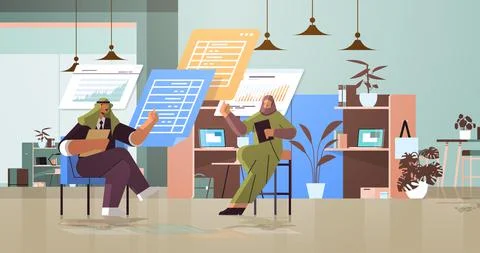 Arab businesspeople analyzing statistic data on virtual boards successful 스톡 일러스트