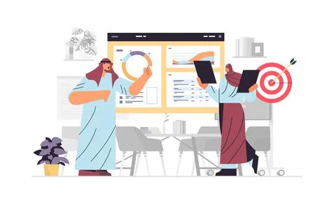Arab businesspeople analyzing statistics data on diagram business report Stock Illustration