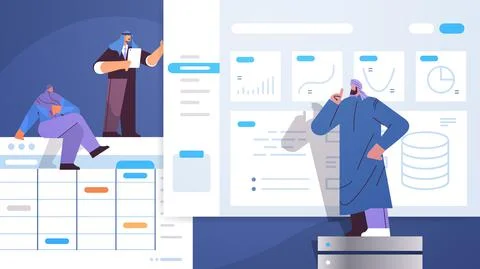 Arab businesspeople team analyzing charts and graphs data analysis planning Stock Illustration