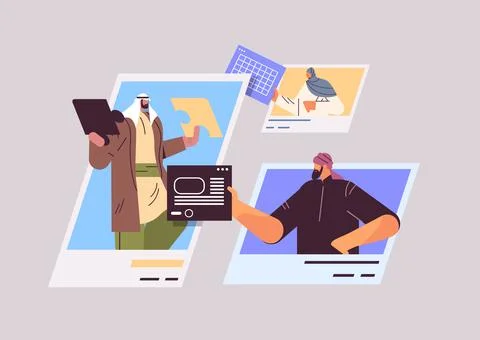 Arab businesspeople in web browser windows discussing during virtual conference Stock Illustration