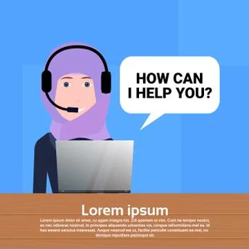 Arab call center headset agent woman bubble client support online operator Illustrazione stock