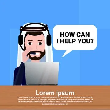 Arab call center headset agent man bubble client support online operator, muslim Illustrazione stock
