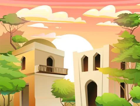 Arab clay double decker hut. Sun rising. Middle Eastern adobe dwelling. Africa Ilustración de archivo