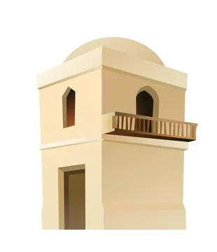 Arab clay double decker hut with balcony. Middle Eastern adobe dwelling. Africa Ilustración de archivo