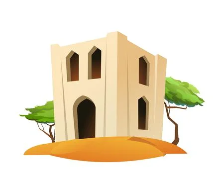Arab clay double decker hut. In sandy desert. Middle Eastern adobe dwelling Stock Illustration