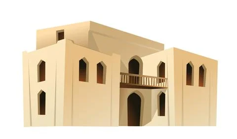 Arab clay double decker hut with balcony. Middle Eastern adobe dwelling. Afri Ilustración de archivo