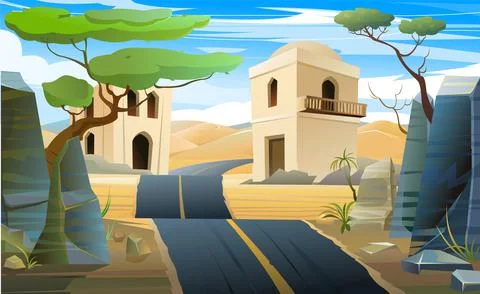 Arab clay hut. Road in sandy desert. Middle Eastern adobe dwelling. Africa an Stock Illustration
