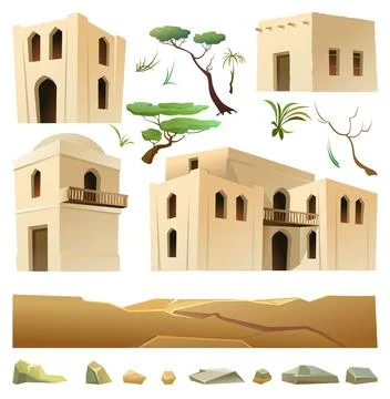 Arab clay hut. Set of object. Middle Eastern adobe dwelling. Africa and Asia  Ilustración de archivo