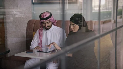 Arab couple in the cafe. Stock Footage 151497287