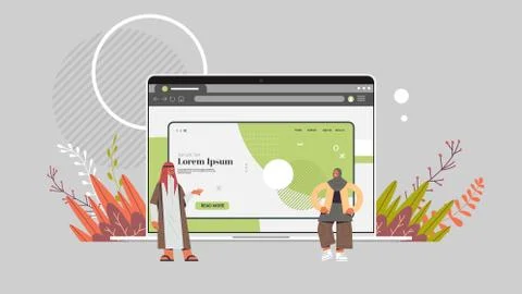 Arab couple creating custom design on laptop screen application development web Illustrazione stock