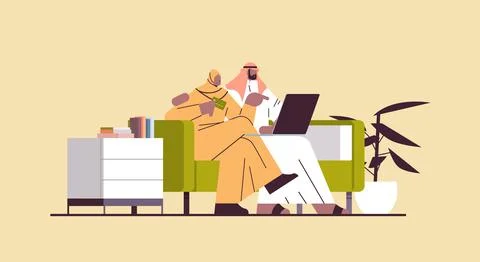 Arab couple with credit card using laptop online shopping concept man woman Ilustração Stock