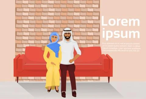 Arab Couple Sitting On Couch In Modern Loft Living Room Interior Over Background Ilustração Stock