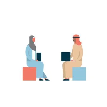 Arab couple sitting using laptop business meeting interview concept man woman Illustrazione stock