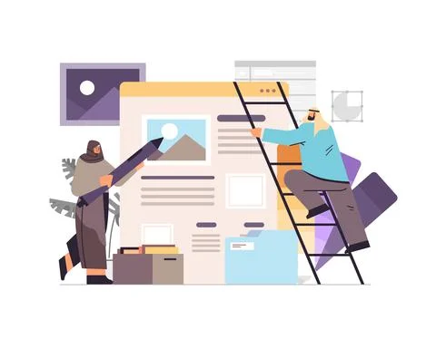 Arab developers couple creating website ui interface web application development Stock Illustration