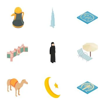 Arab elements icons set, isometric 3d style Stock Illustration