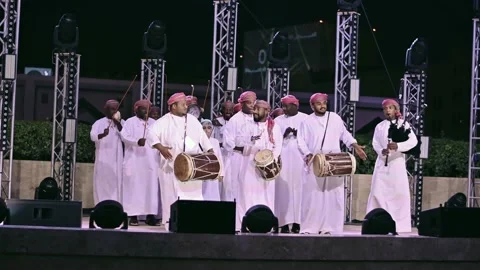 Arab Folk Music scene from Doha, Qatar. People play traditional music instrument Stock Footage 232227935