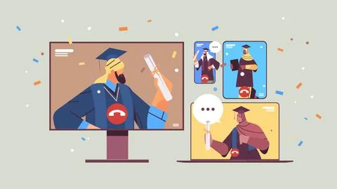 Arab graduated students discussing during video call graduates celebrating Stock Illustration