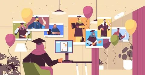 Arab graduated students in web browser windows arabic graduates celebrating Stock Illustration