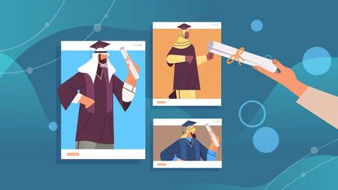 Arab graduated students in web browser windows arabic graduates celebrating 스톡 일러스트