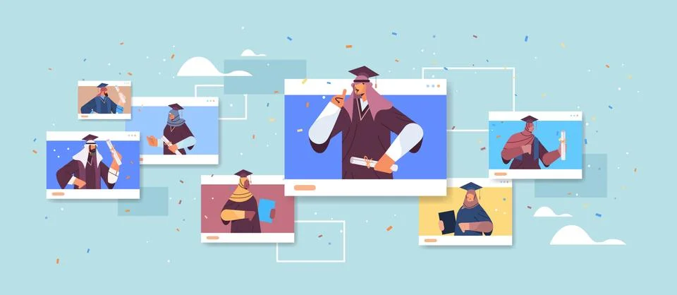 Arab graduated students in web browser windows happy arabic graduates Stock Illustration