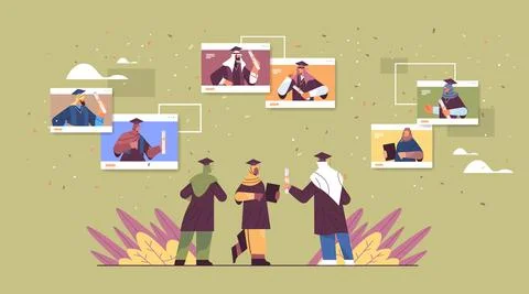 Arab graduated students in web browser windowsarabic graduates celebrating Stock Illustration
