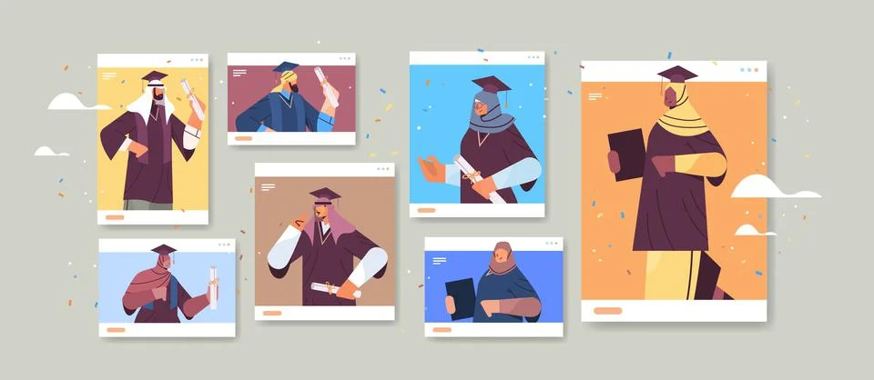 Arab graduated students in web browser windows arabic graduates celebrating Stock Illustration