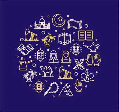 Arab Islamic Round Design Template Contour Lines Icon Concept. Vector Stock Illustration