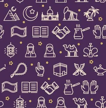 Arab Islamic Signs Seamless Pattern Background on a Purple. Vector Stock Illustration
