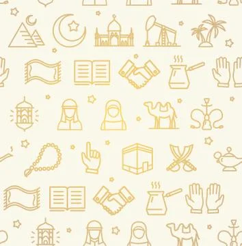 Arab Islamic Signs Seamless Pattern Background on a White. Vector Stock Illustration