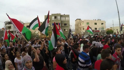 Arab Israeli Muslim activists march with PLO flags in anti Israel protest Stock Footage