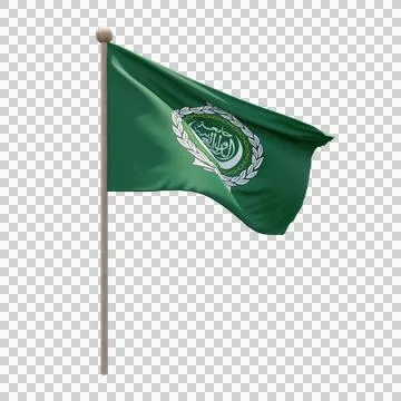Arab League 3d illustration flag on pole. Wood flagpole Stock Illustration