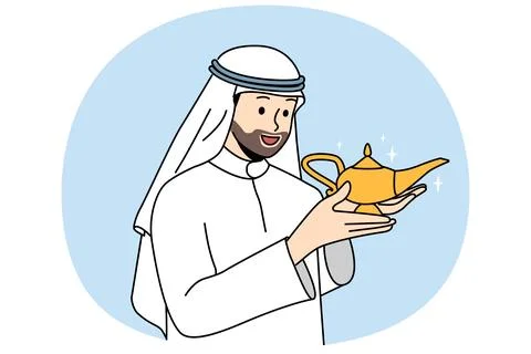 Arab man with aladdin lamp in hands makes wish, wanting to call genie or wizard Stock Illustration