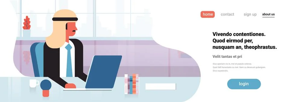 Arab man boss using laptop workplace office desk arabic leader working process Stock Illustration