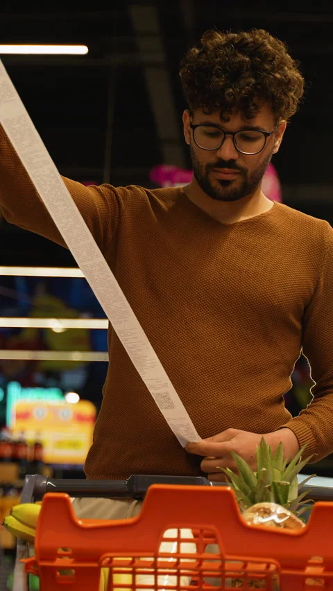 Arab man in brown sweater looking shocked while checking a long receipt in a Stock Footage 311487005
