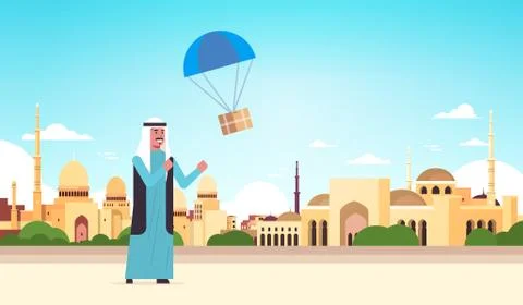 Arab man catching parcel box falling down with parachute shipping package air Illustrazione stock