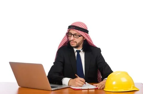 Arab man with computer and hardhat Stockfoto's