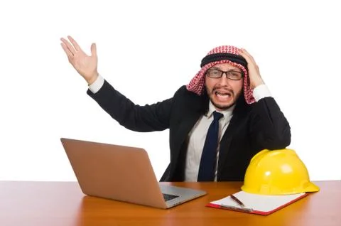 Arab man with computer and hardhat 스톡 사진