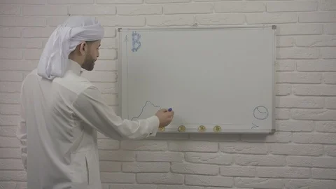 Arab man draws a chart and shows a bitcoin. Bitcoin is a worldwide Stock-Footage 87834574