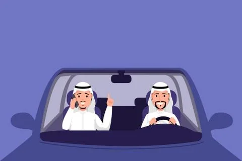 Arab man driving auto vector illustration. Muslim men in thawb sitting on front 스톡 일러스트