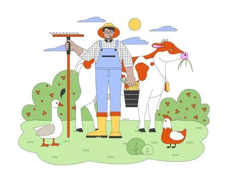 Arab man farmer with rake and animals cartoon flat illustration Stock Illustration