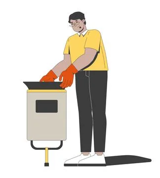 Arab man in gloves removing trash bag from waste bin 2D cartoon character Stock Illustration
