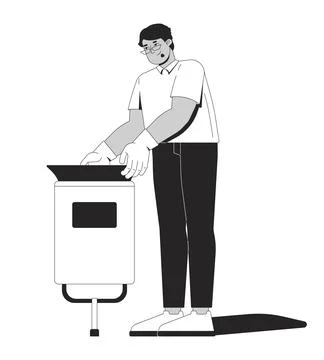 Arab man in gloves removing trash bag from waste bin 2D line character Stock Illustration