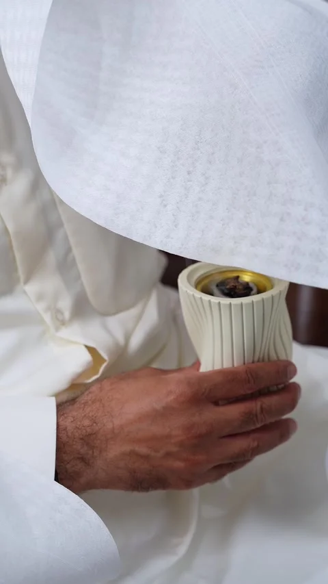 Arab Man Holding Burning Oud Incense Burner Stock Footage 336643570