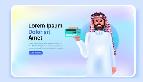 Arab man holding debit or credit card electronic wireless payment digital Stock Illustration