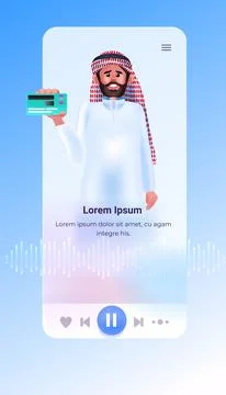 Arab man holding debit or credit card electronic wireless payment digital Stock Illustration
